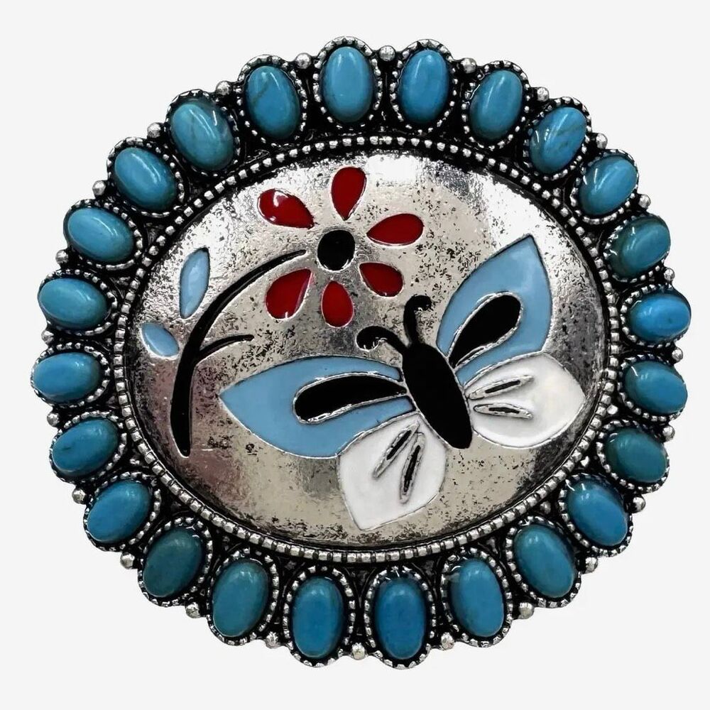 Southwestern Butterfly & Flower Statement Ring with Turquoise Cabochon Border *